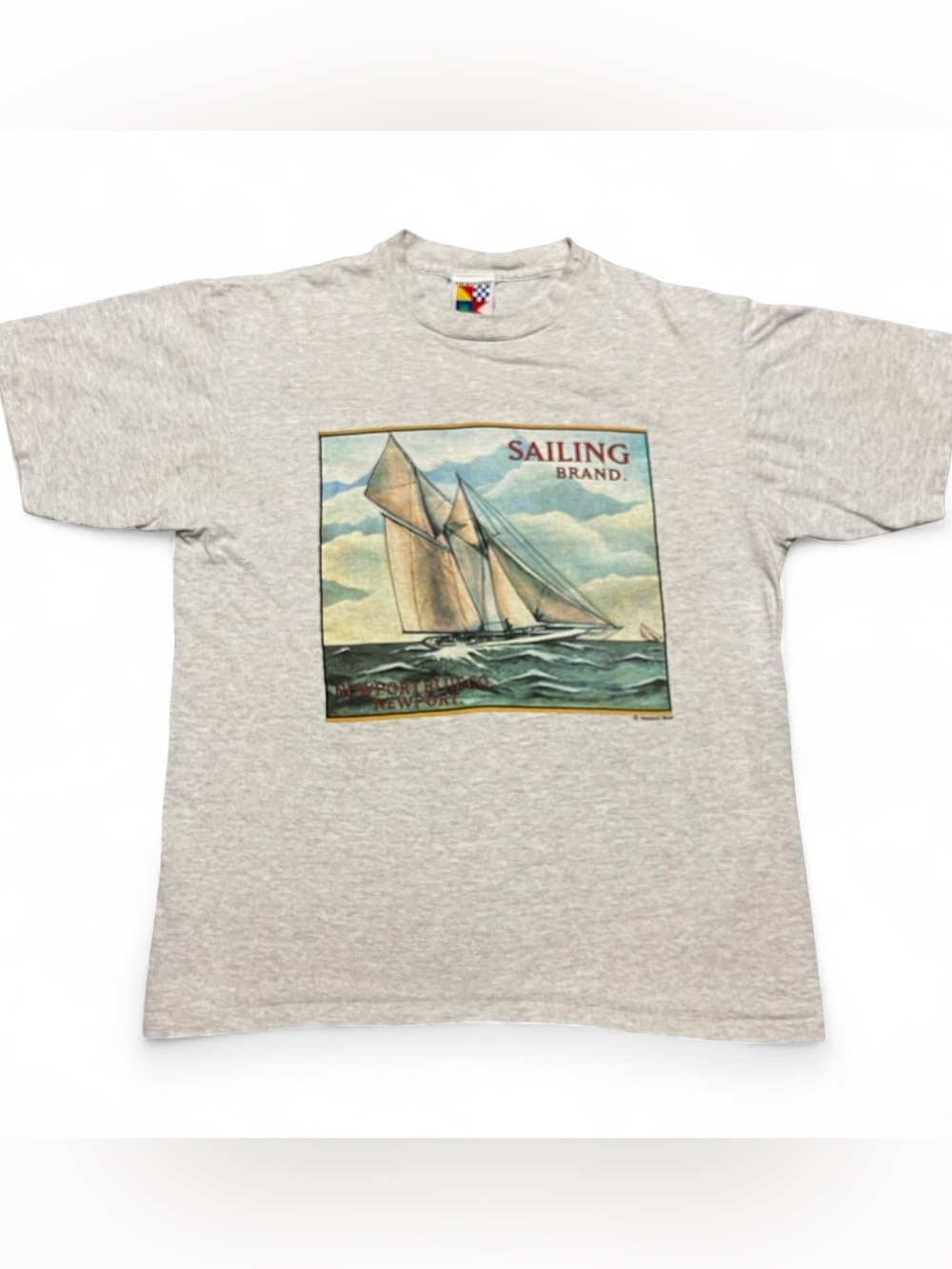 Vintage Newport Blue Sailboat Tee Shirt Grey 100% Cotton Mens Large Made In USA
